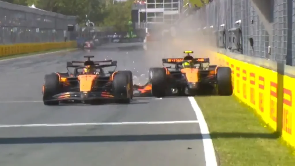 Momento da batida entre Lando Norris e Oscar Piastri no GP do Canadá - Foto: Reprodução/F1