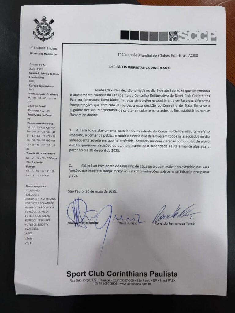 Documento que entregam novamente o poder para Augusto Melo, como presidente do Corinthians
