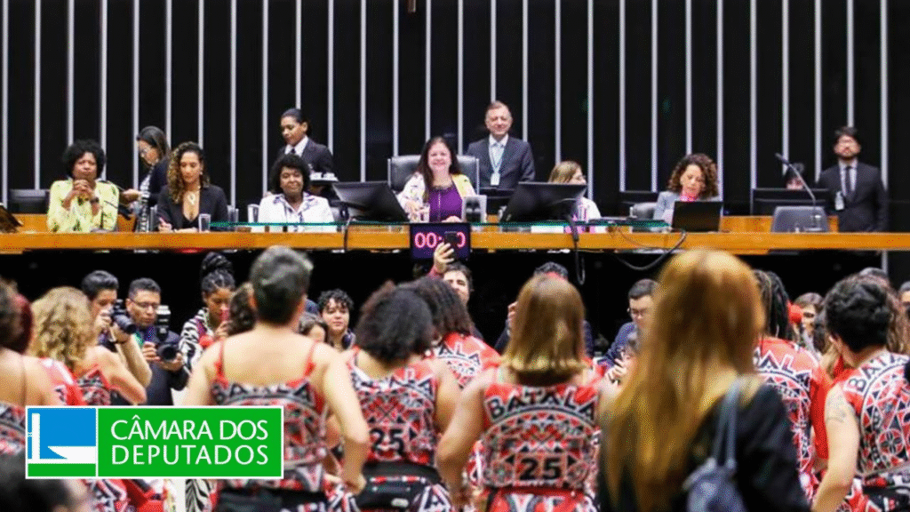 Bancada feminina da Câmara dos Deputados em sessão solene feita no 8 de março. A deputada Benedita é a primeira mulher negra a liderar a bancada/Foto: Reprodução/TV Senado.