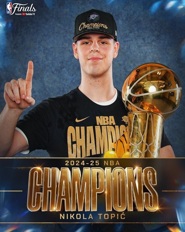 Nikola Topić é campeão da NBA 2024/25, pelo OKC. Foto: Divulgação/NBA