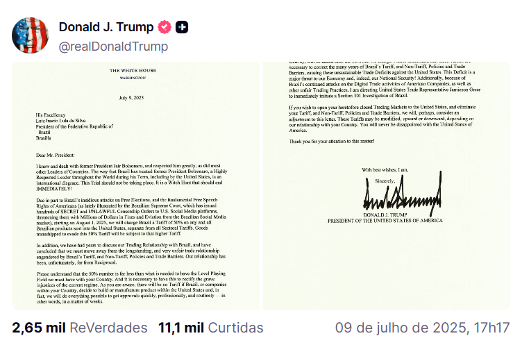 Carta de Donald Trump anunciando tarifas de 50% sobre produtos brasileiros
