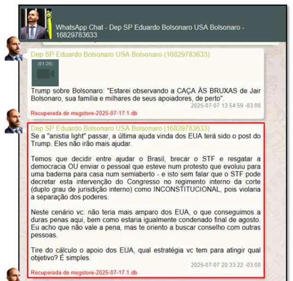 Mensagem entre Eduardo e Jair Bolsonaro, segundo relatório da PF - Foto: Reprodução/STF