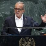 O presidente Iraniano, Masoud Pezeshkian, em discurso à Assembleia Geral da ONU