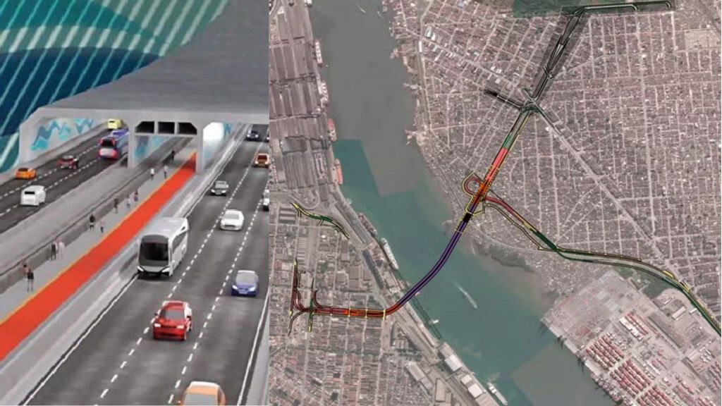 Túnel terá 1,5 km de extensão, sendo cerca de 870 metros submersos, ligando as regiões de Outeirinhos e Macuco, em Santos, ao bairro Vicente de Carvalho – Foto: Reprodução
