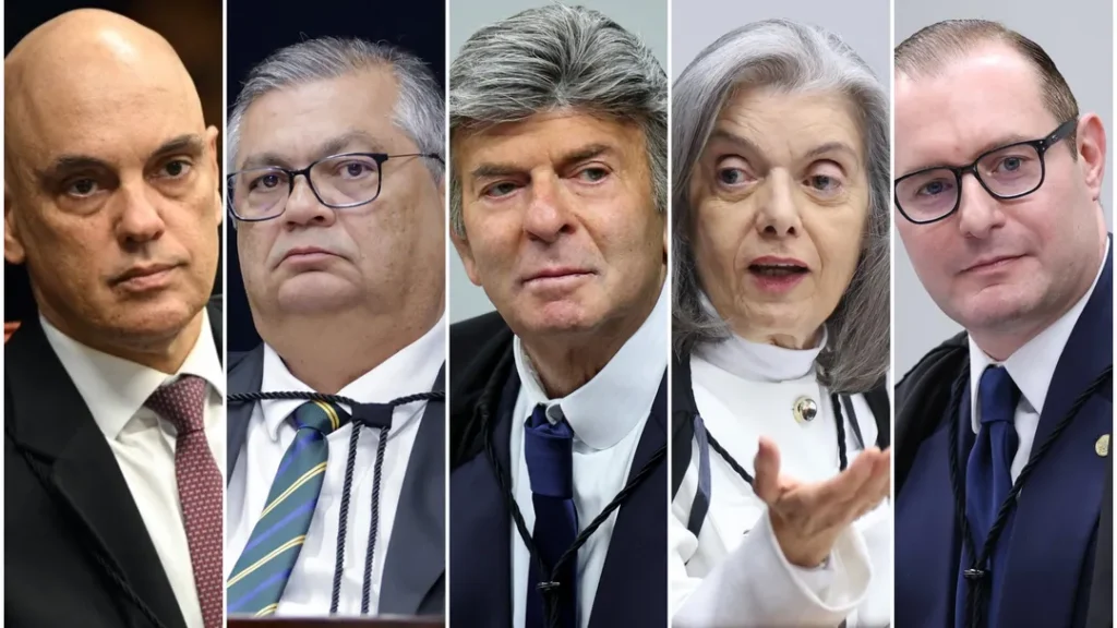 Ministros da Primeira Turma do Supremo Tribunal Federal (STF) durante julgamento da 'Trama Golpista' - Foto: Fellipe Sampaio/STF I Rosinei Coutinho/STF I Gustavo Moreno/STF I Ton Molina/STF I Antoni Augusto/STF