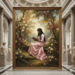 Uma pintura clássica romântica exibida em um grandioso museu grego, retratando uma jovem mulher negra lendo um livro em uma floresta exuberante, repleta de flores. Ela veste um longo vestido de seda cor de rosa bebê que cai graciosamente ao redor do corpo, e seu longo cabelo preto esvoaça suavemente com a brisa dourada da tarde. A luz do sol filtra-se pelas árvores, iluminando flores vibrantes e projetando sombras delicadas no chão. A atmosfera transmite serenidade, elegância e atemporalidade — inspirada no Romantismo do século XIX, com pinceladas detalhadas, tons de cores quentes e uma textura suave de pintura. O clima evoca paz, beleza e introspecção tranquila.