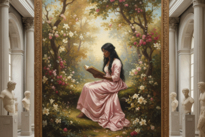 Uma pintura clássica romântica exibida em um grandioso museu grego, retratando uma jovem mulher negra lendo um livro em uma floresta exuberante, repleta de flores. Ela veste um longo vestido de seda cor de rosa bebê que cai graciosamente ao redor do corpo, e seu longo cabelo preto esvoaça suavemente com a brisa dourada da tarde. A luz do sol filtra-se pelas árvores, iluminando flores vibrantes e projetando sombras delicadas no chão. A atmosfera transmite serenidade, elegância e atemporalidade — inspirada no Romantismo do século XIX, com pinceladas detalhadas, tons de cores quentes e uma textura suave de pintura. O clima evoca paz, beleza e introspecção tranquila.