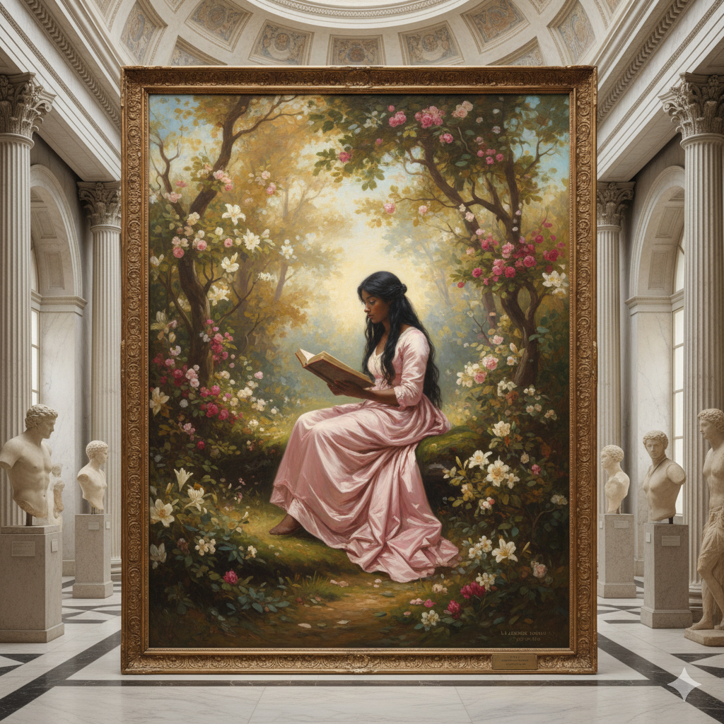 Uma pintura clássica romântica exibida em um grandioso museu grego, retratando uma jovem mulher negra lendo um livro em uma floresta exuberante, repleta de flores. Ela veste um longo vestido de seda cor de rosa bebê que cai graciosamente ao redor do corpo, e seu longo cabelo preto esvoaça suavemente com a brisa dourada da tarde. A luz do sol filtra-se pelas árvores, iluminando flores vibrantes e projetando sombras delicadas no chão. A atmosfera transmite serenidade, elegância e atemporalidade — inspirada no Romantismo do século XIX, com pinceladas detalhadas, tons de cores quentes e uma textura suave de pintura. O clima evoca paz, beleza e introspecção tranquila.