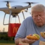Donald Trump comendo sanduíches do McDonald's e vários drones atrás com mais lanches.