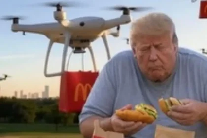 Donald Trump comendo sanduíches do McDonald's e vários drones atrás com mais lanches.