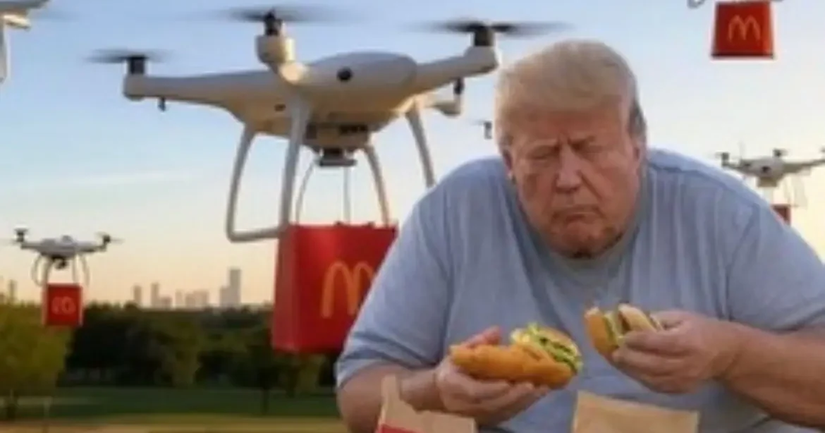 Donald Trump comendo sanduíches do McDonald's e vários drones atrás com mais lanches.