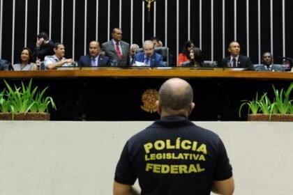 Policial Legislativo em frente à bancada de deputados. Fonte: Agência Câmara de Notícias | Gabriela Korossy / Câmara dos Deputados