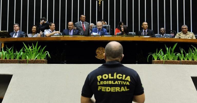 Policial Legislativo em frente à bancada de deputados. Fonte: Agência Câmara de Notícias | Gabriela Korossy / Câmara dos Deputados