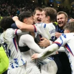 Comemoração dos jogadores da Noruega na goleada sobre a Itália, pelas Eliminatórias para a Copa do Mundo • Reprodução/X/@UEFAEURO