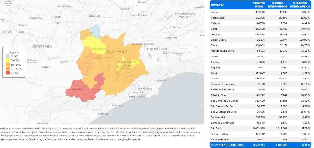 Mapa do estado de fornecimento de energia por município da Região Metropolitana - Foto: Reprodução/Enel
