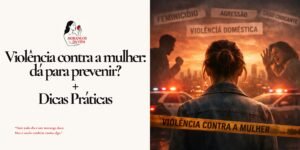 Ilustração digital mostra mulher de costas diante de cenário urbano ao entardecer, com elementos simbólicos que remetem à violência contra a mulher, como manchetes e luzes de viatura ao fundo.