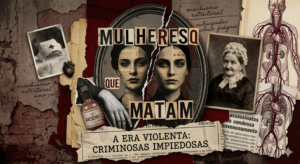 Uma colagem artística de suspense em tons de vermelho escuro, marrom e sépia. No centro, o rosto de uma mulher é dividido ao meio por uma rachadura. Ao redor, há elementos que remetem aos casos citados no texto: um frasco de arsênico, uma foto antiga de uma senhora (Nannie Doss), um chapéu de enfermeira ensanguentado e diagramas médicos. O texto "Mulheres que Matam" aparece em destaque com tipografia de máquina de escrever. O fundo simula uma parede de tijolos desgastada com anotações sobre machismo estrutural.