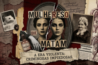 Uma colagem artística de suspense em tons de vermelho escuro, marrom e sépia. No centro, o rosto de uma mulher é dividido ao meio por uma rachadura. Ao redor, há elementos que remetem aos casos citados no texto: um frasco de arsênico, uma foto antiga de uma senhora (Nannie Doss), um chapéu de enfermeira ensanguentado e diagramas médicos. O texto "Mulheres que Matam" aparece em destaque com tipografia de máquina de escrever. O fundo simula uma parede de tijolos desgastada com anotações sobre machismo estrutural.