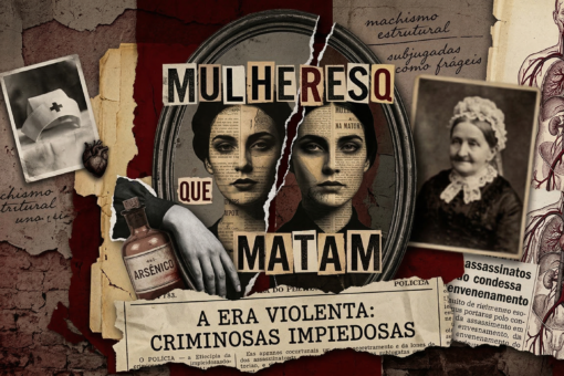 Uma colagem artística de suspense em tons de vermelho escuro, marrom e sépia. No centro, o rosto de uma mulher é dividido ao meio por uma rachadura. Ao redor, há elementos que remetem aos casos citados no texto: um frasco de arsênico, uma foto antiga de uma senhora (Nannie Doss), um chapéu de enfermeira ensanguentado e diagramas médicos. O texto "Mulheres que Matam" aparece em destaque com tipografia de máquina de escrever. O fundo simula uma parede de tijolos desgastada com anotações sobre machismo estrutural.