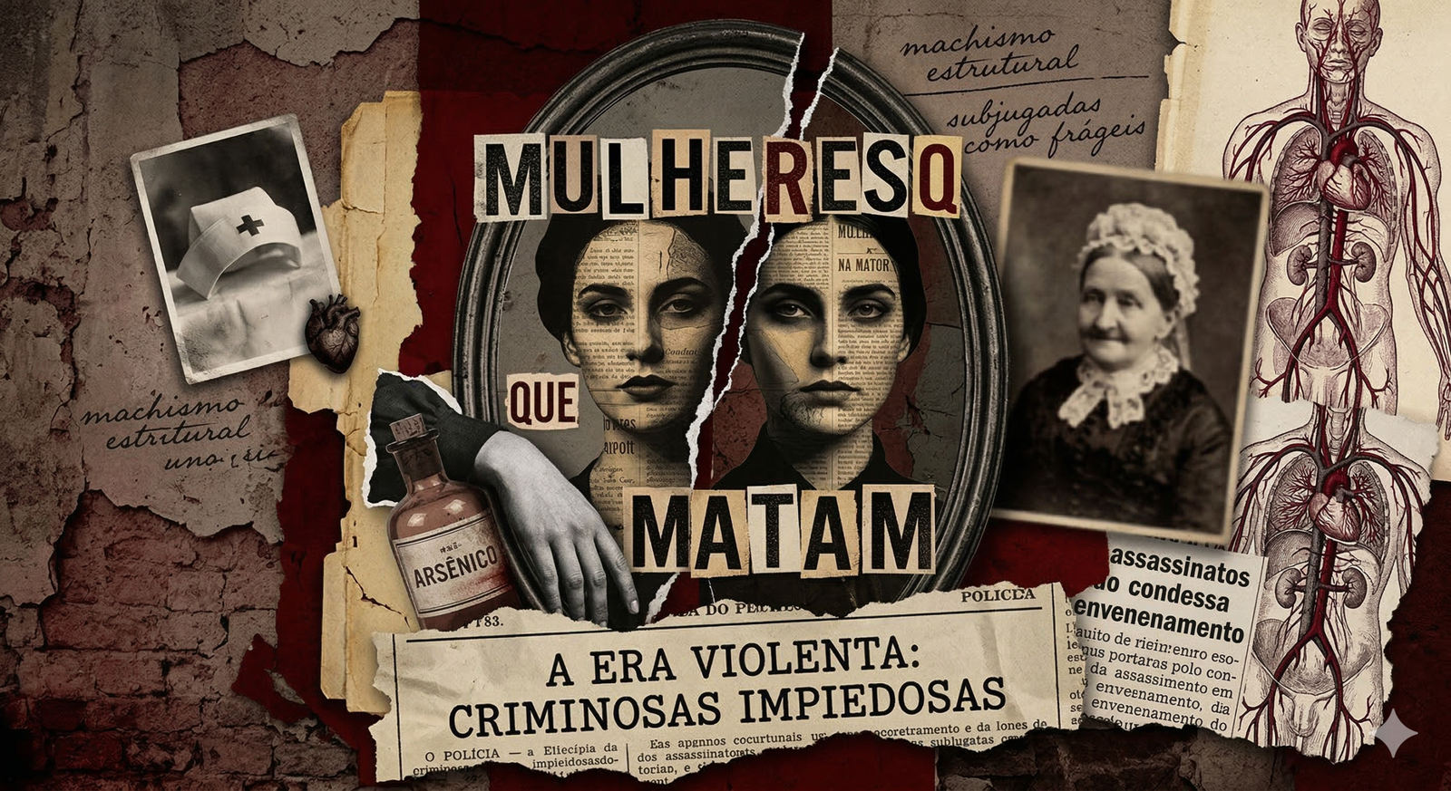 Uma colagem artística de suspense em tons de vermelho escuro, marrom e sépia. No centro, o rosto de uma mulher é dividido ao meio por uma rachadura. Ao redor, há elementos que remetem aos casos citados no texto: um frasco de arsênico, uma foto antiga de uma senhora (Nannie Doss), um chapéu de enfermeira ensanguentado e diagramas médicos. O texto "Mulheres que Matam" aparece em destaque com tipografia de máquina de escrever. O fundo simula uma parede de tijolos desgastada com anotações sobre machismo estrutural.