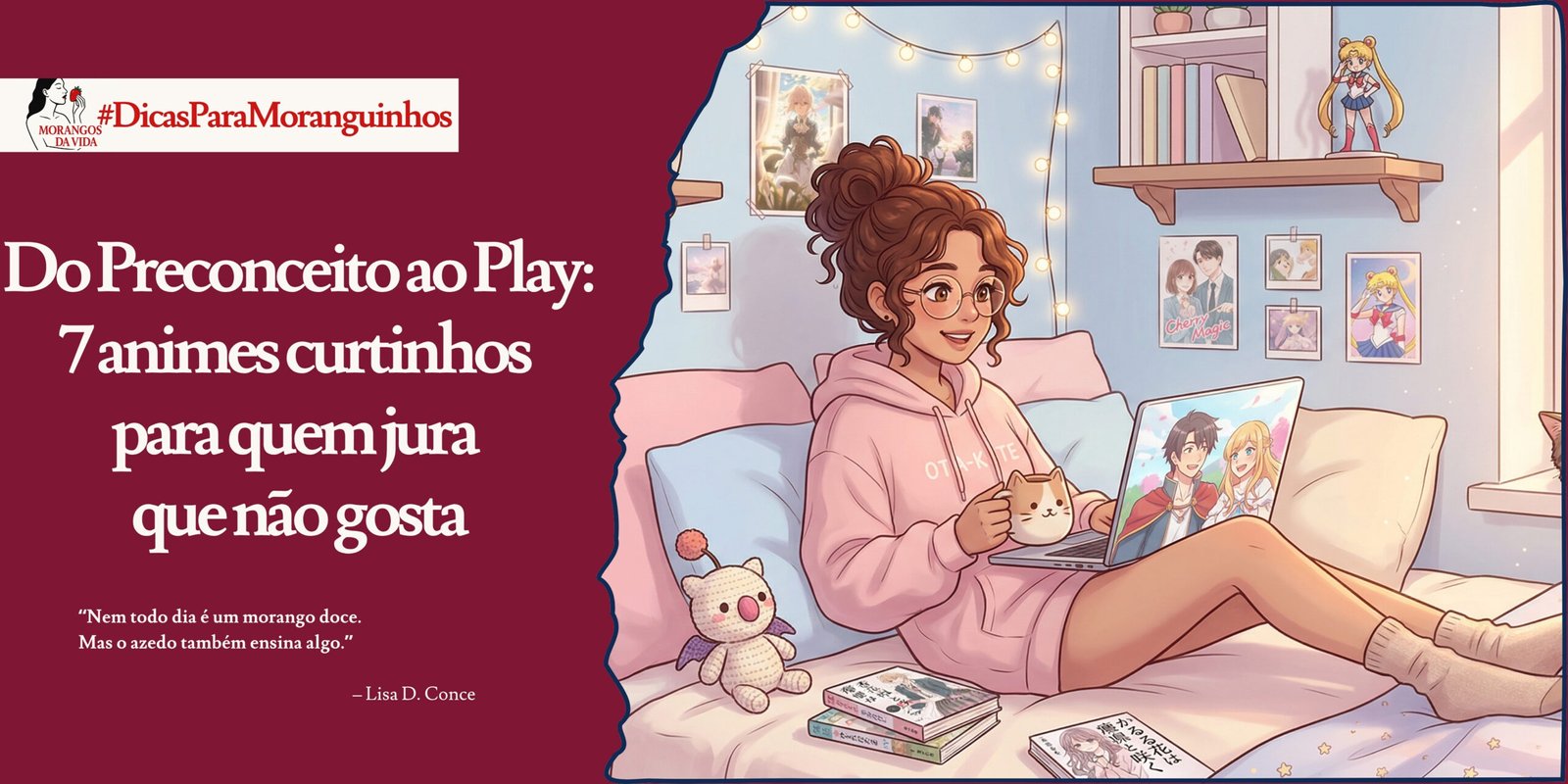 Uma ilustração digital em estilo anime suave de uma jovem mulher brasileira negra, com cabelos cacheados presos em um coque e óculos redondos. Ela está sentada confortavelmente em uma cama repleta de almofadas pastel e cobertores, olhando para um notebook aberto que exibe uma cena de anime romântico. Ela usa um moletom rosa bebê e segura uma caneca de chá com formato de gatinho. O quarto é aconchegante, iluminado por luzes de fada (pisca-pisca) quentes e a luz dourada do pôr do sol que entra por uma janela à direita, onde um gato rajado gordinho dorme. As paredes são decoradas com pôsteres fofos e miniaturas de animes como Sailor Moon, Violet Evergarden e 7th Time Loop. Mangás estão empilhados na prateleira ao fundo. A atmosfera é de relaxamento e conforto. Composição horizontal 16:9.