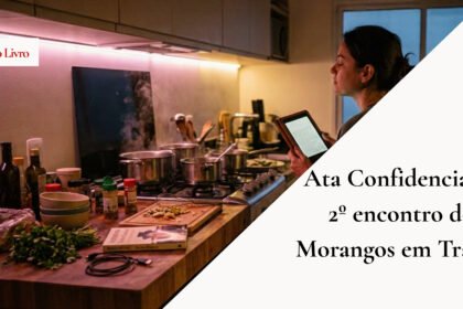 Fotografia artística de uma mulher de perfil com olhos fechados, segurando um e-reader em uma cozinha à noite. O ambiente mistura o caos doméstico de panelas no fogo com uma iluminação rosa suave e cinematográfica. Sobre a bancada, um livro de Dostoiévski. A imagem transmite uma sensação de refúgio literário em meio à vida real