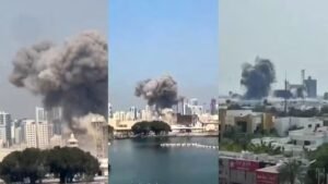 Coluna de fumaça é vista subindo em uma cidade do Bahren, após EUA e Israel atacarem o Irã. Forças iranianas realizaram um contra-ataque - Foto: Reprodução/Redes Sociais