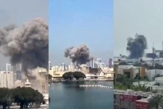 Coluna de fumaça é vista subindo em uma cidade do Bahren, após EUA e Israel atacarem o Irã. Forças iranianas realizaram um contra-ataque - Foto: Reprodução/Redes Sociais