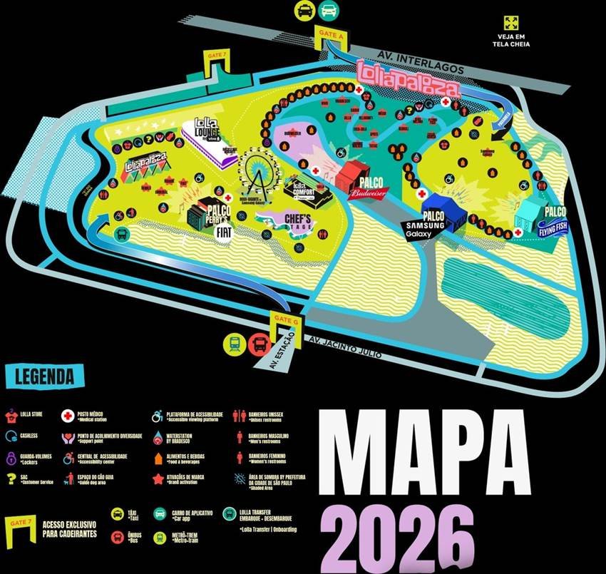 Mapa da estrutura do Lollapalooza Brasil 2026 – Foto: Divulgação/Instagram