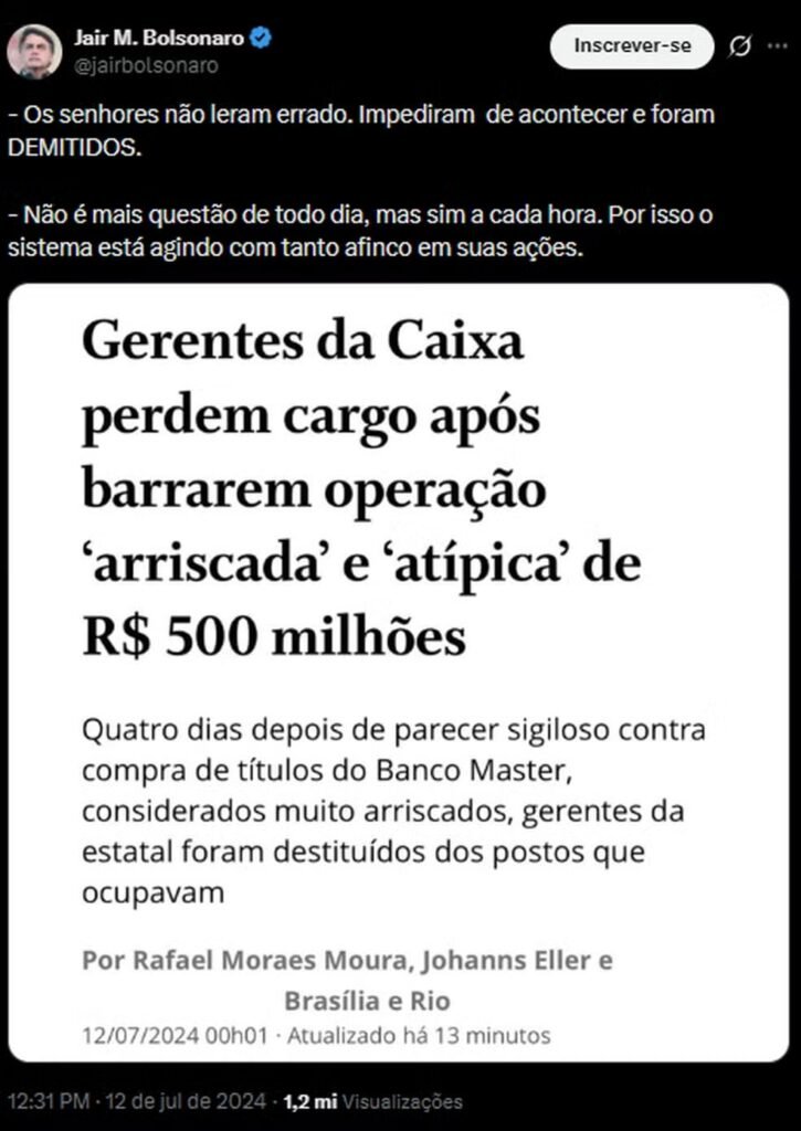 Post em que Bolsonaro comenta notícia sobre a Caixa e o Banco Master - Foto: Reprodução/X