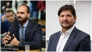 Ex-deputado federal Eduardo Bolsonaro (PL) e o presidente da Alesp, André do Prado (PL)