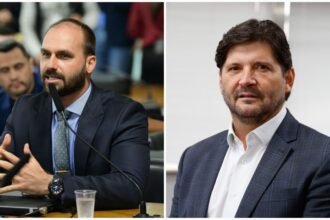 Ex-deputado federal Eduardo Bolsonaro (PL) e o presidente da Alesp, André do Prado (PL)