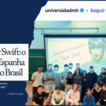 Arte da coluna Morangos da Vida com o título "Método Taylor Swift: o método que a Espanha 'descobriu' é do Brasil". Ao lado, um print do perfil @universidadmh no Instagram mostrando uma sala de aula com alunos e uma projeção escrita "Aprendiendo botánica con Taylor Swift".