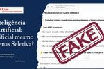 Inteligência Artificial: é Artificial mesmo ou apenas Seletiva?" e um carimbo de "FAKE" sobre uma conversa com o ChatGPT