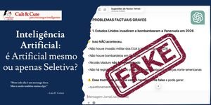Inteligência Artificial: é Artificial mesmo ou apenas Seletiva?" e um carimbo de "FAKE" sobre uma conversa com o ChatGPT