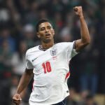 Jude Bellingham comemora gol da Inglaterra sobre o México na Copa do Mundo de 2026 (Foto: Alfredo Estrella / AFP)
