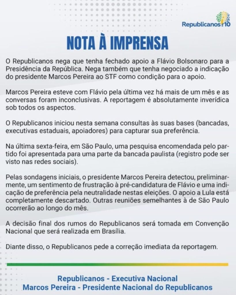 Republicanos nega apoio à candidatura de Flávio Bolsonaro à presidência em 2026