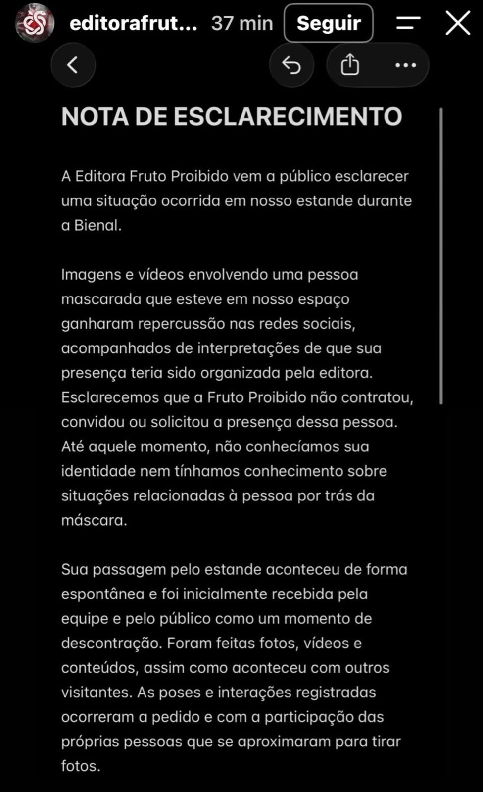Esclarecimento Fruto Proibido - Imagem/ Instagram Editora