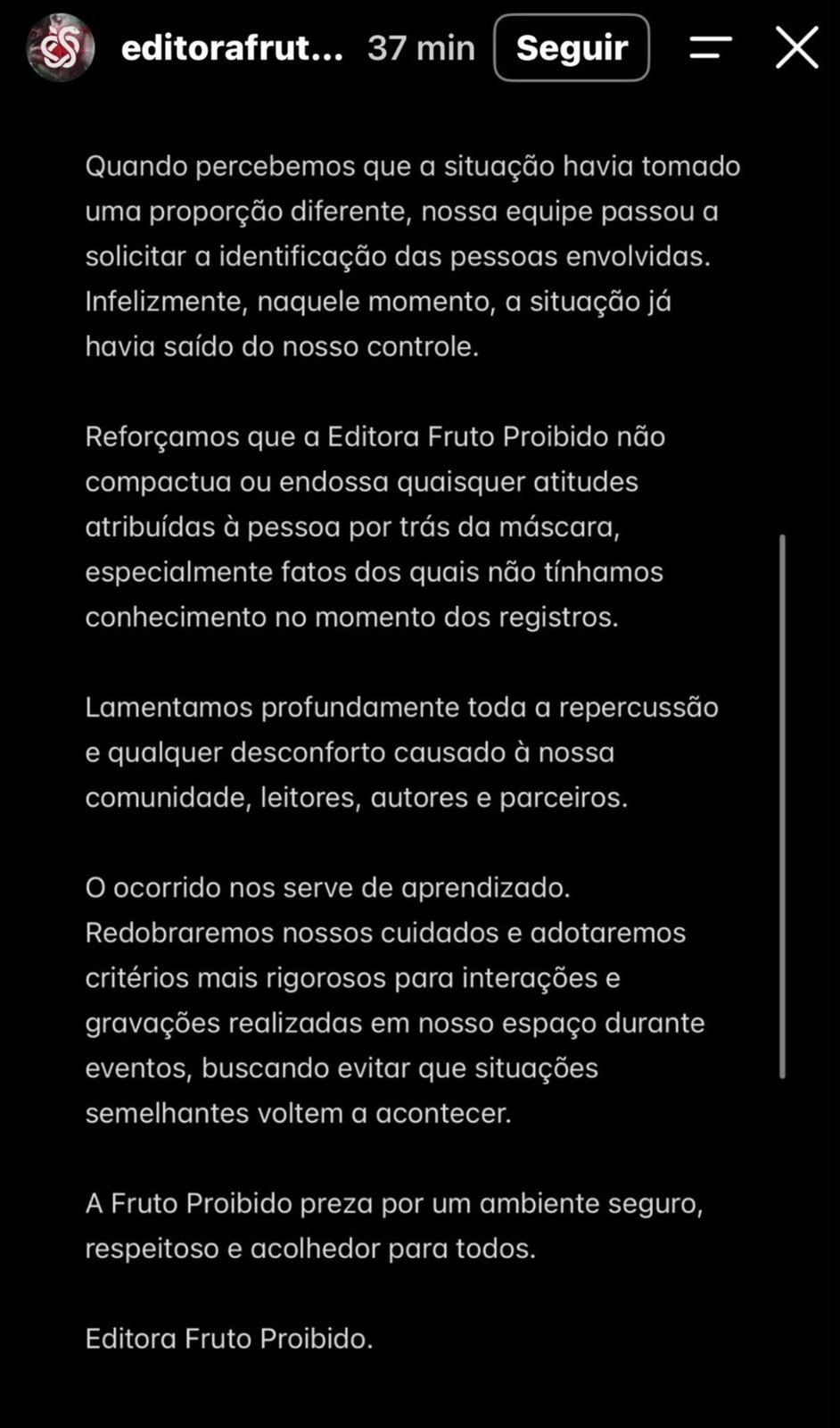 Esclarecimento Fruto Proibido - Imagem/ Instagram Editora